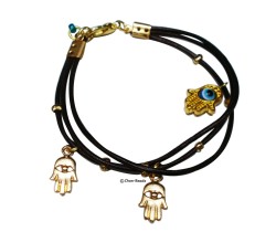 Bracelet - Triple HAMSA strung on triple chocolate leather cords